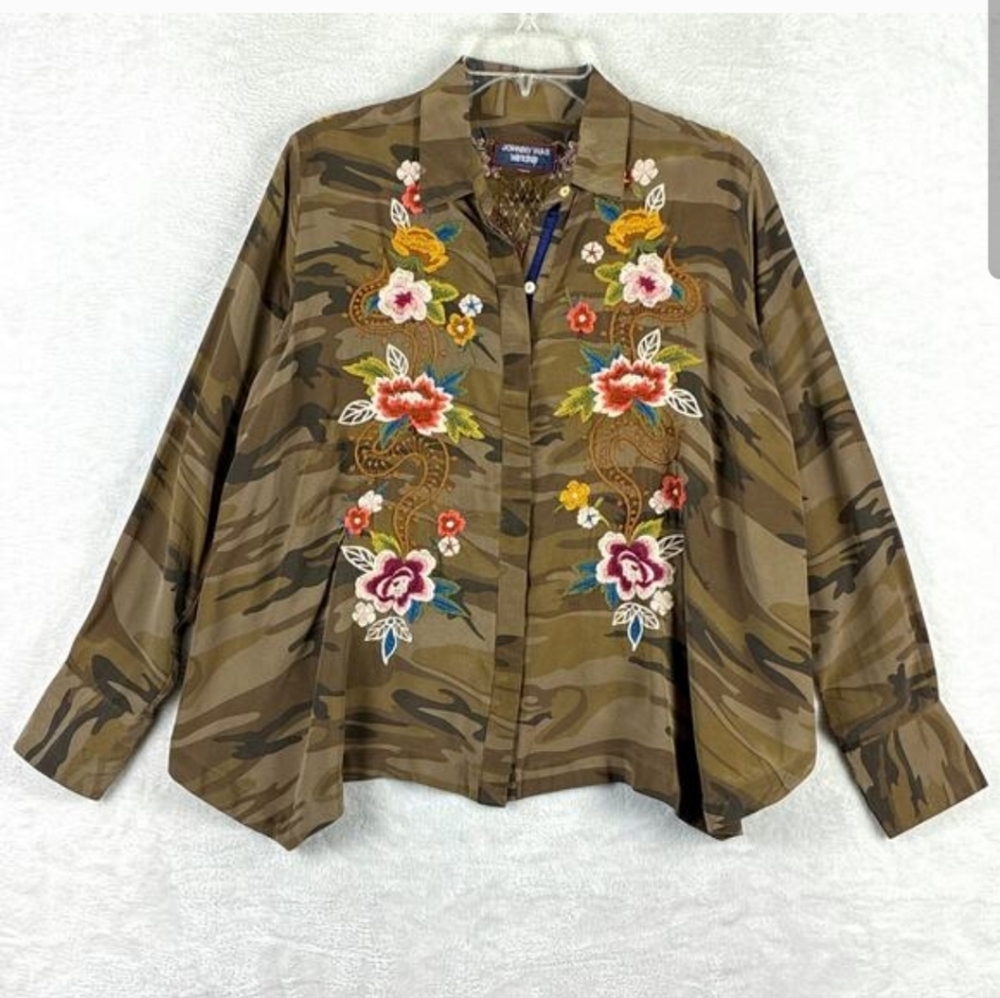 Johnny Was Esmerelda Bolero Shirt Womens M Brown Camo Silk Embroidered Boho